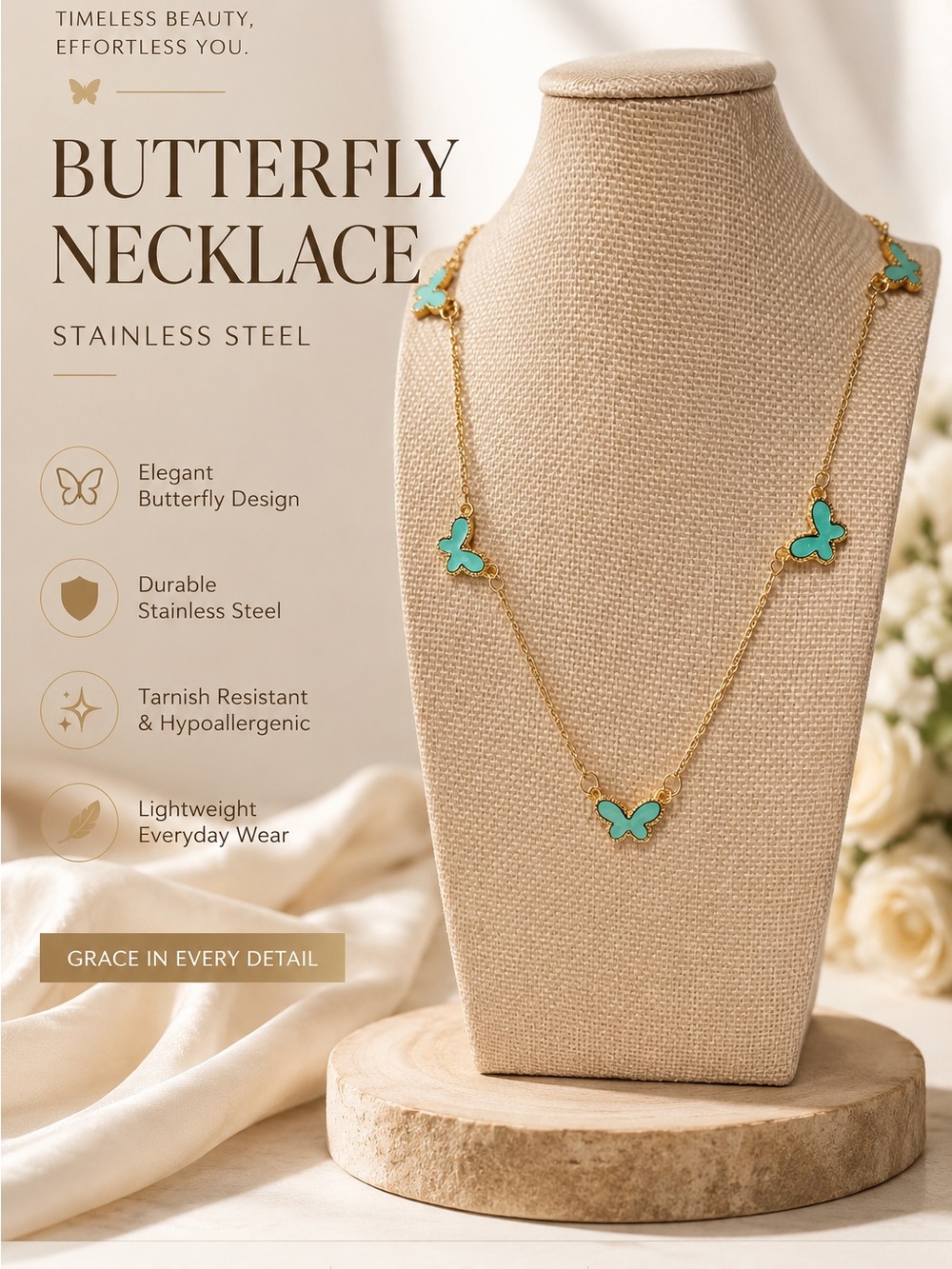 Butterfly Necklace - Gold-like Finish Chain with Turquoise Butterfly Accents